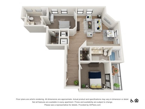 Floor plan for 2 beds, 2 baths, 1099 sqft